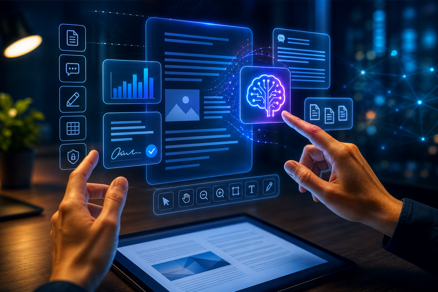 Human hands interacting with a holographic interface showing Adobe Acrobat 2026 features, focusing on AI Assistant and productivity tools.