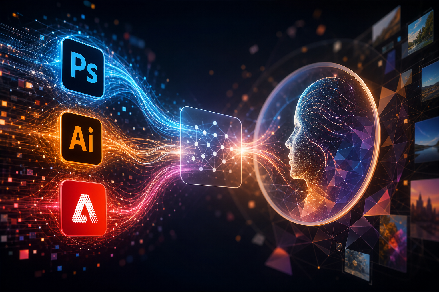 Abstract digital connection visualizing Adobe Creative Cloud apps interacting with Anthropic Claude AI, featuring icons for Photoshop, Illustrator, and Firefly.