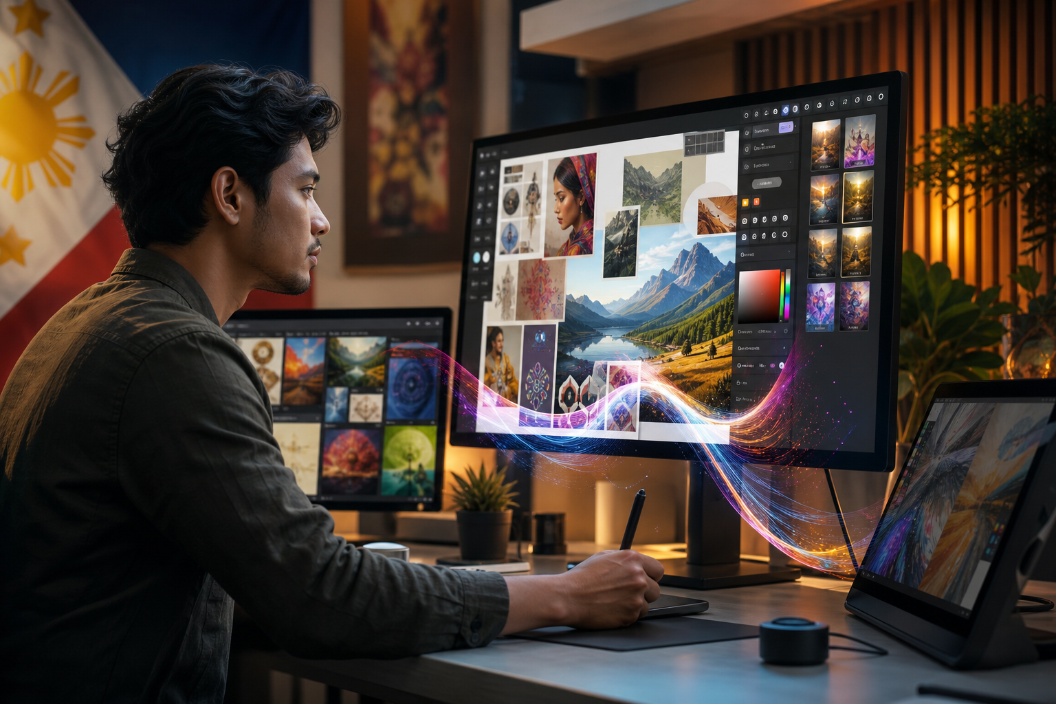A Filipino designer using Adobe Creative Cloud AI tools with Firefly Boards interface visible, symbolizing accelerated creative process and innovation.