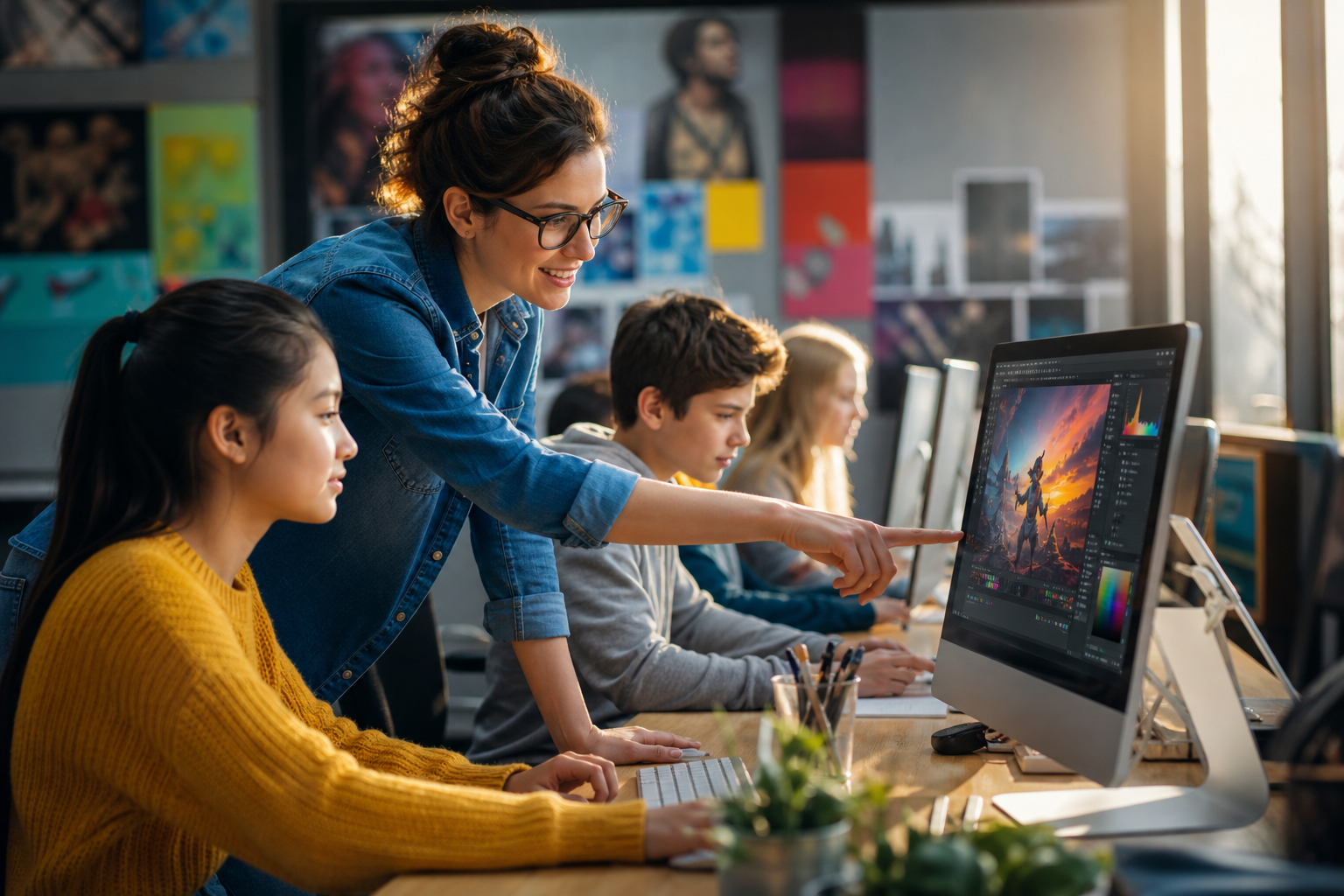 Teacher confidently using Adobe software with students in a modern classroom, showcasing digital literacy and creative learning.