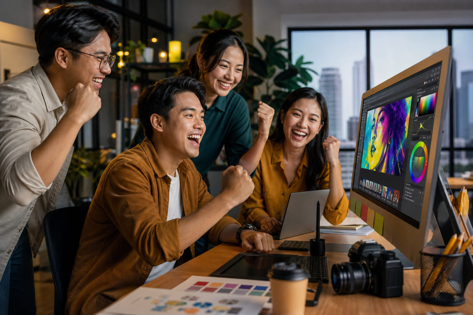 Filipino creative professionals celebrating career success with Adobe Creative Cloud applications on screen, symbolizing salary impact of Adobe certification