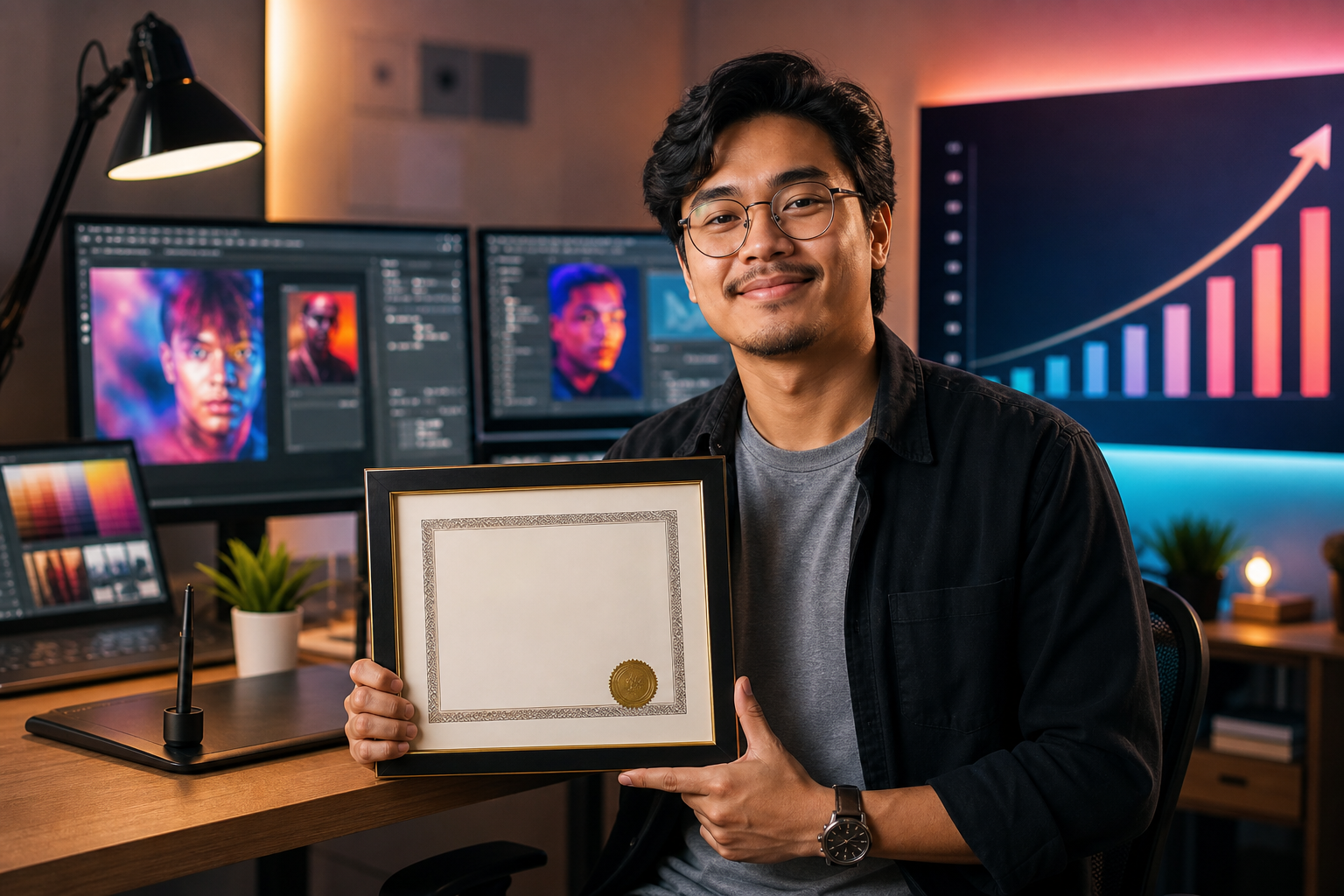 Filipino creative holding an Adobe Certified Professional certificate with digital design tools in the background, symbolizing career and salary growth