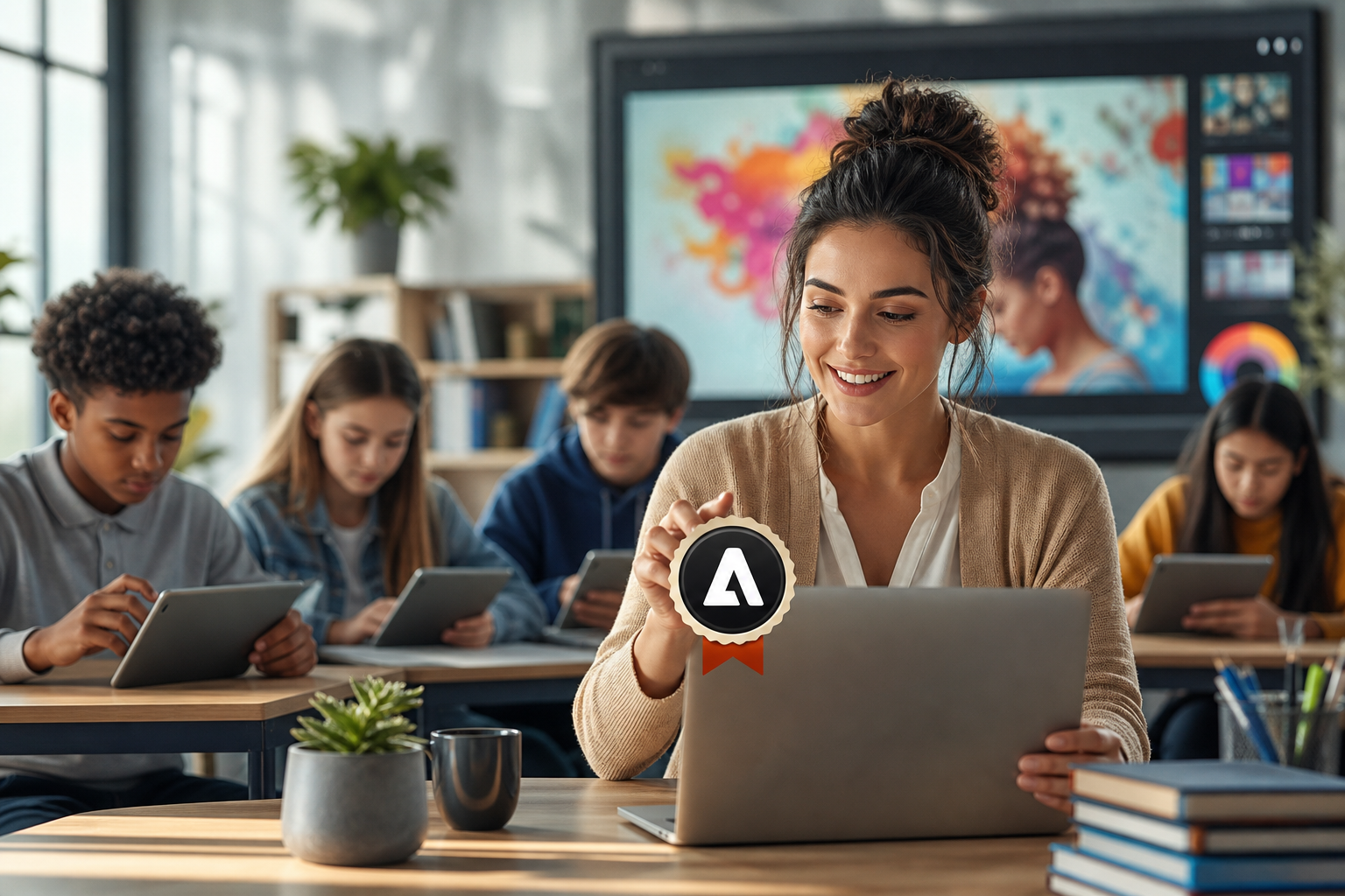 Teacher at laptop showing Adobe certification badge with students learning on tablets in the background, symbolizing modern digital education.