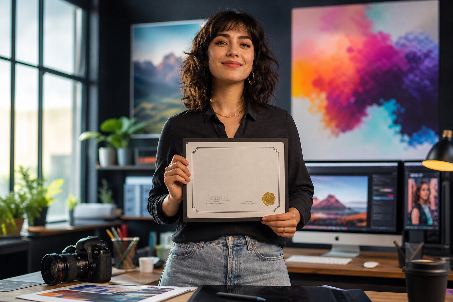Person proudly holding an Adobe Certified Professional certificate, symbolizing career achievement and creative skill validation.
