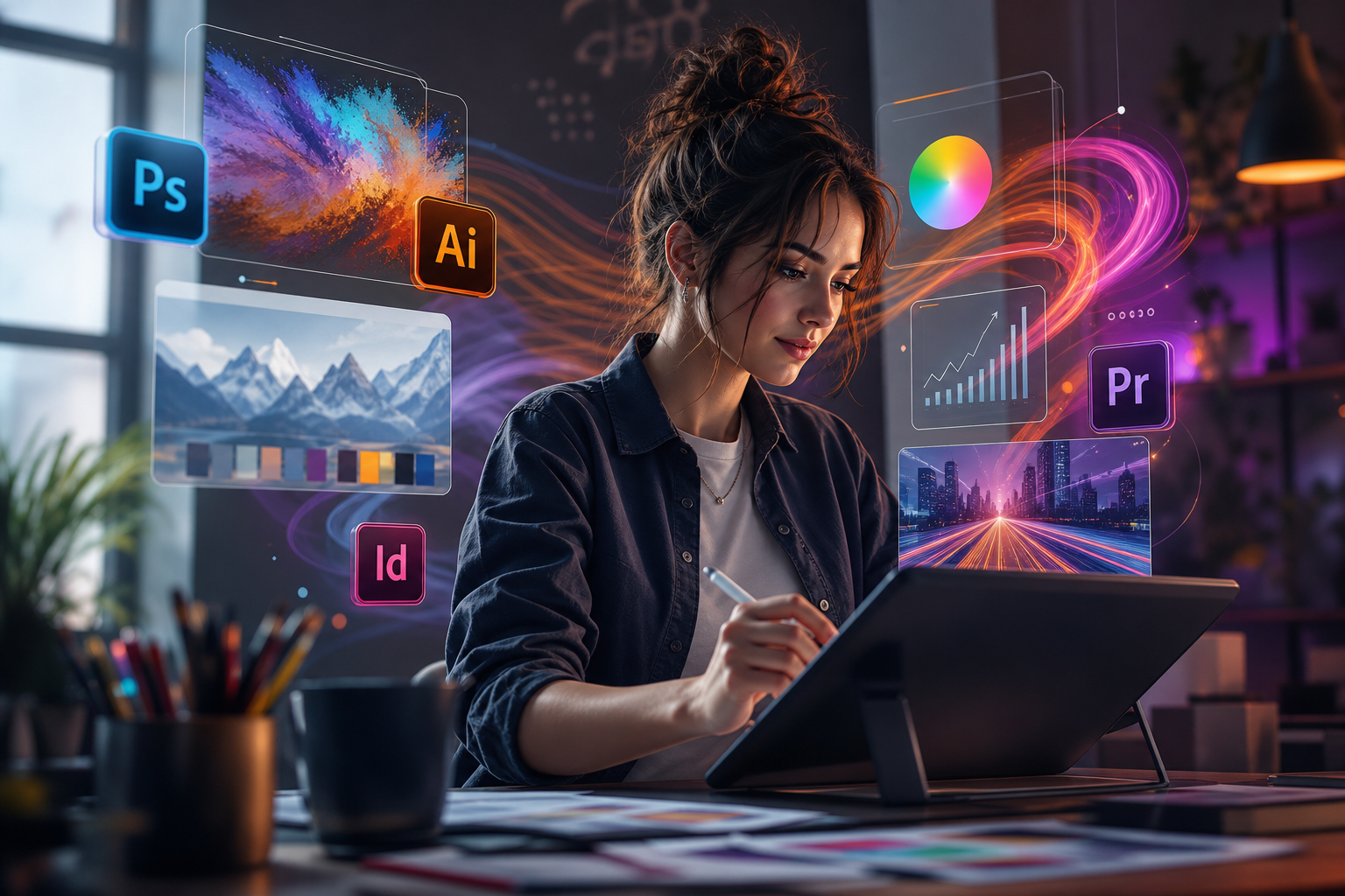 A graphic designer confidently working on a tablet, surrounded by Adobe software icons, with 'Adobe Certified Professional' text overlaid, symbolizing career advancement in 2026.