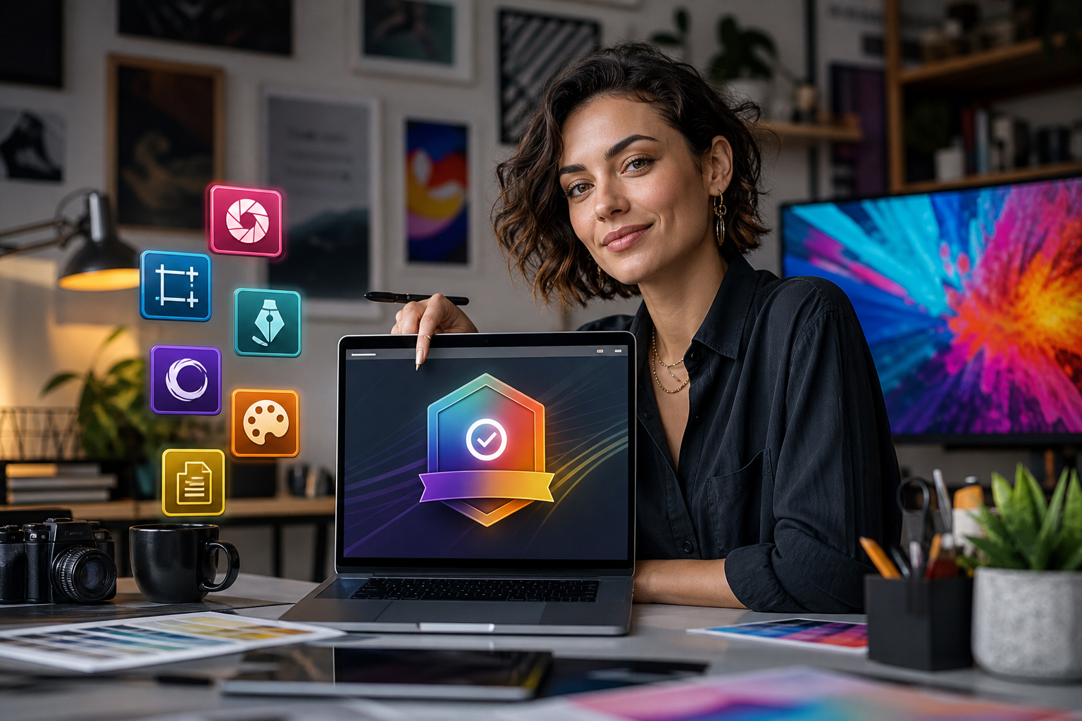 Creative professional confidently displaying an Adobe Certified Professional specialty credential badge on their laptop screen, surrounded by design tools and software icons.