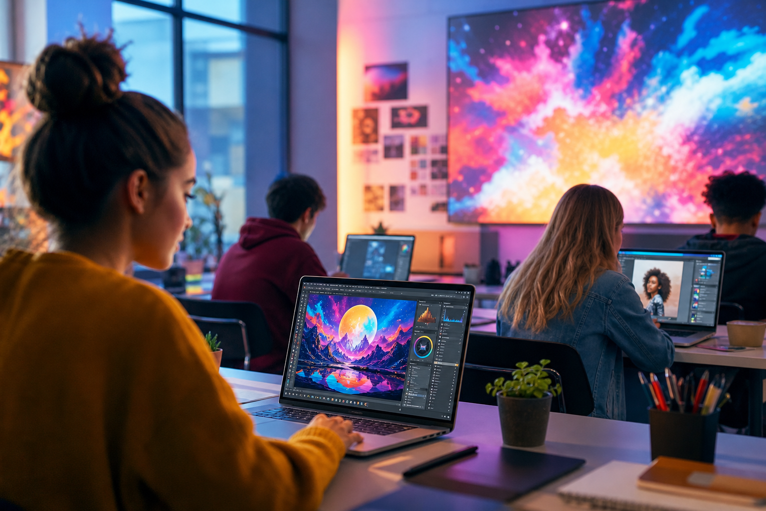 Digital classroom classroom setting showing students using the latest Adobe Creative Cloud 2026 tools on laptops.