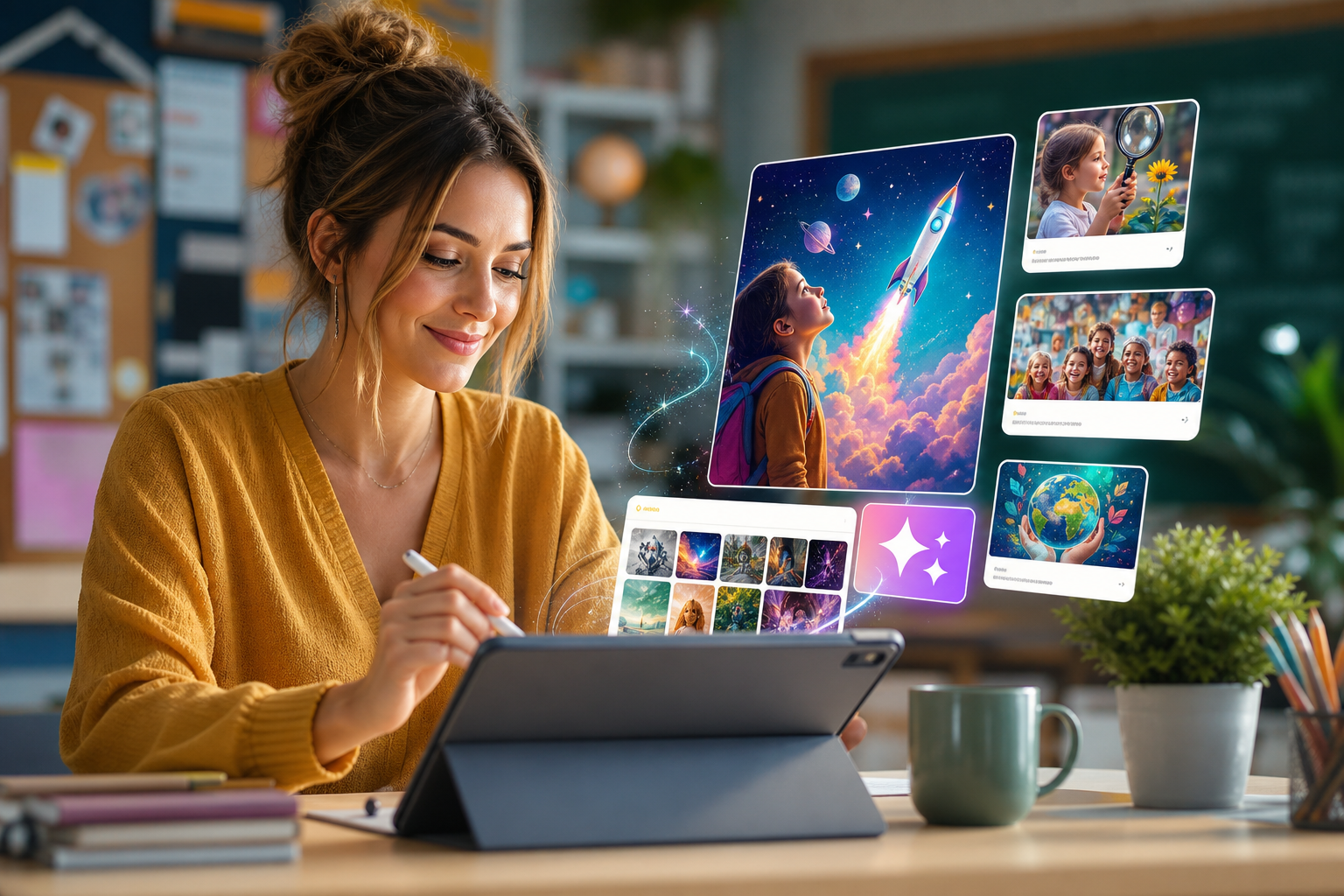 Teacher creating engaging social media content on a tablet using Adobe Express with AI features, showing a vibrant, AI-generated image and text overlays.