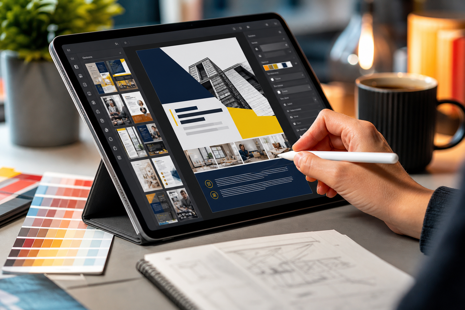 Close-up of a hand designing a professional flyer in Adobe Express on a tablet, with various design elements and text boxes visible.