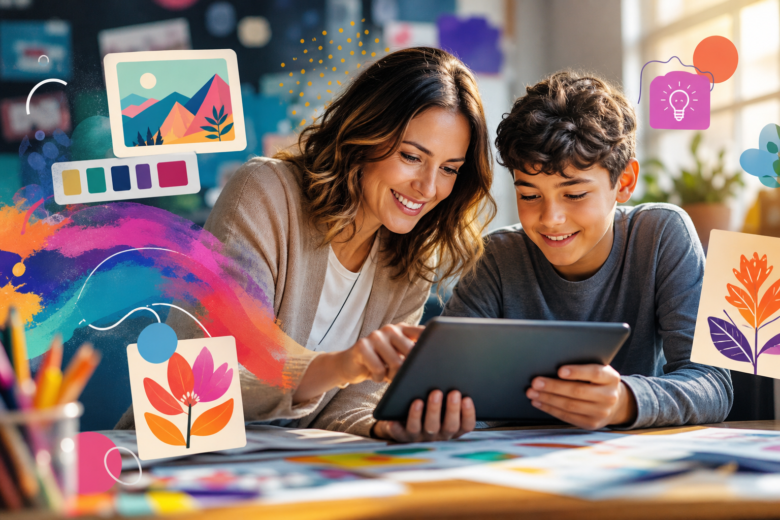 Teacher and student using Adobe Express on a tablet to create a visually engaging classroom project, surrounded by colorful digital art elements