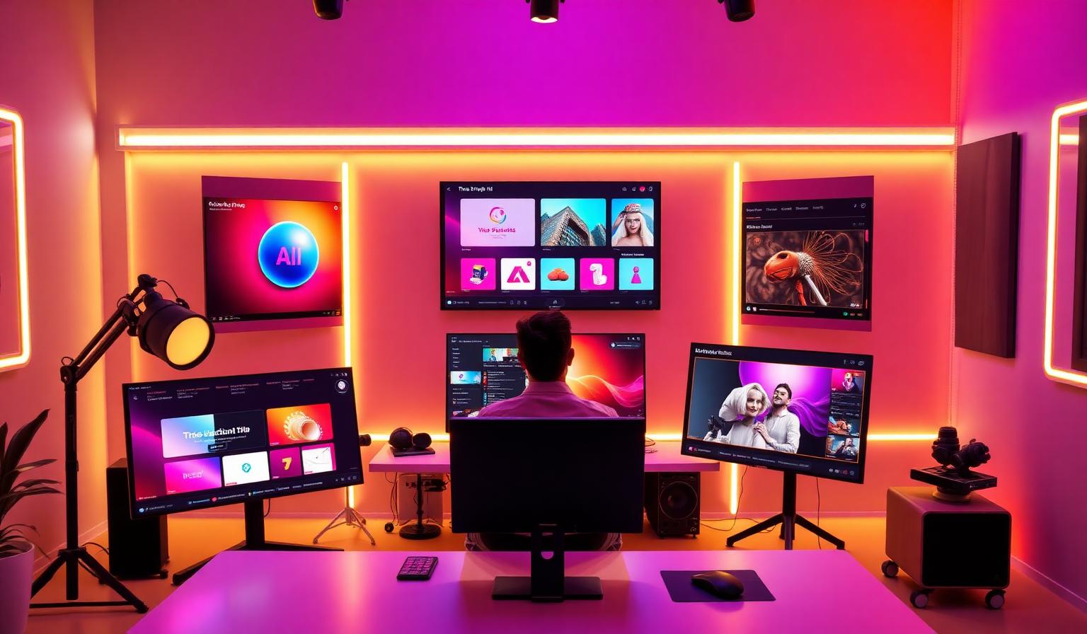 A creative AI studio workstation showing Adobe Firefly generating brand kits, storyboards, and short-form video in a single workflow.