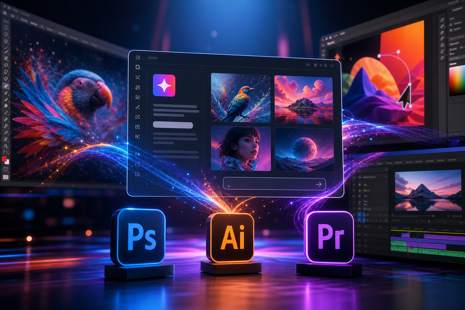 Adobe Firefly AI Assistant interface overlayed on Photoshop, Illustrator, and Premiere Pro icons, symbolizing integrated creative workflows driven by artificial intelligence.