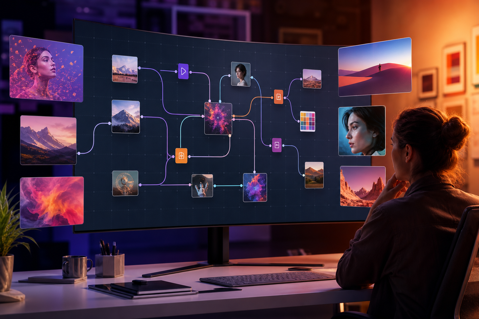 A visual representation of Adobe Firefly Graph node-based workflow interface with interconnected creative assets.