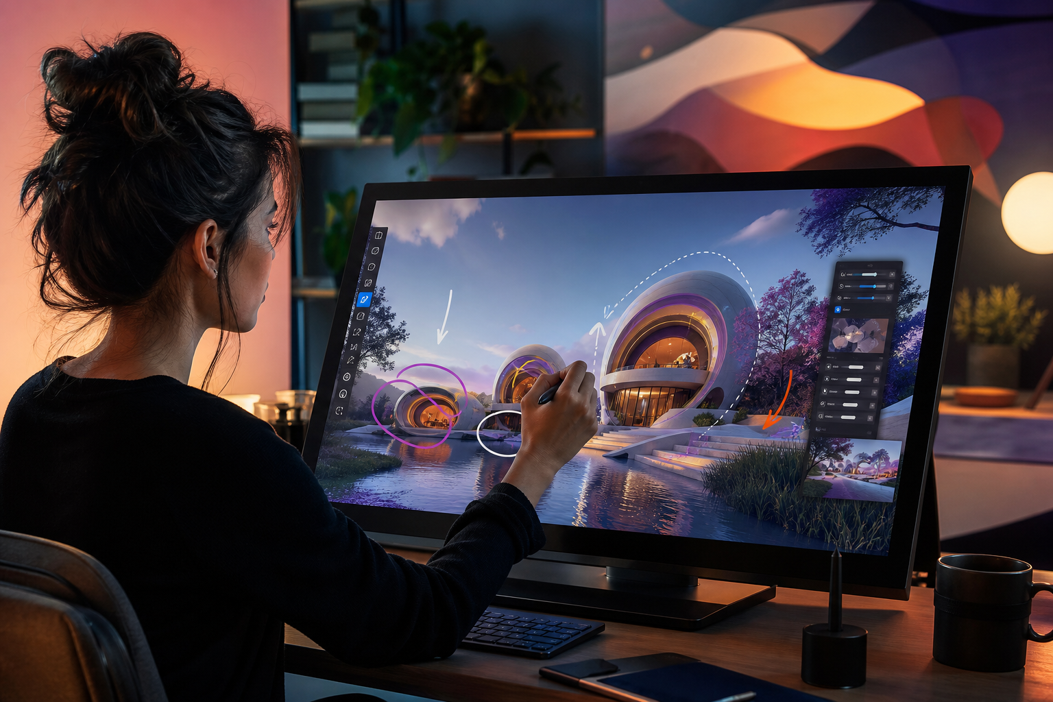 A designer using a stylus to annotate an AI-generated image in Adobe Firefly using AI Markup and Precision Flow features.