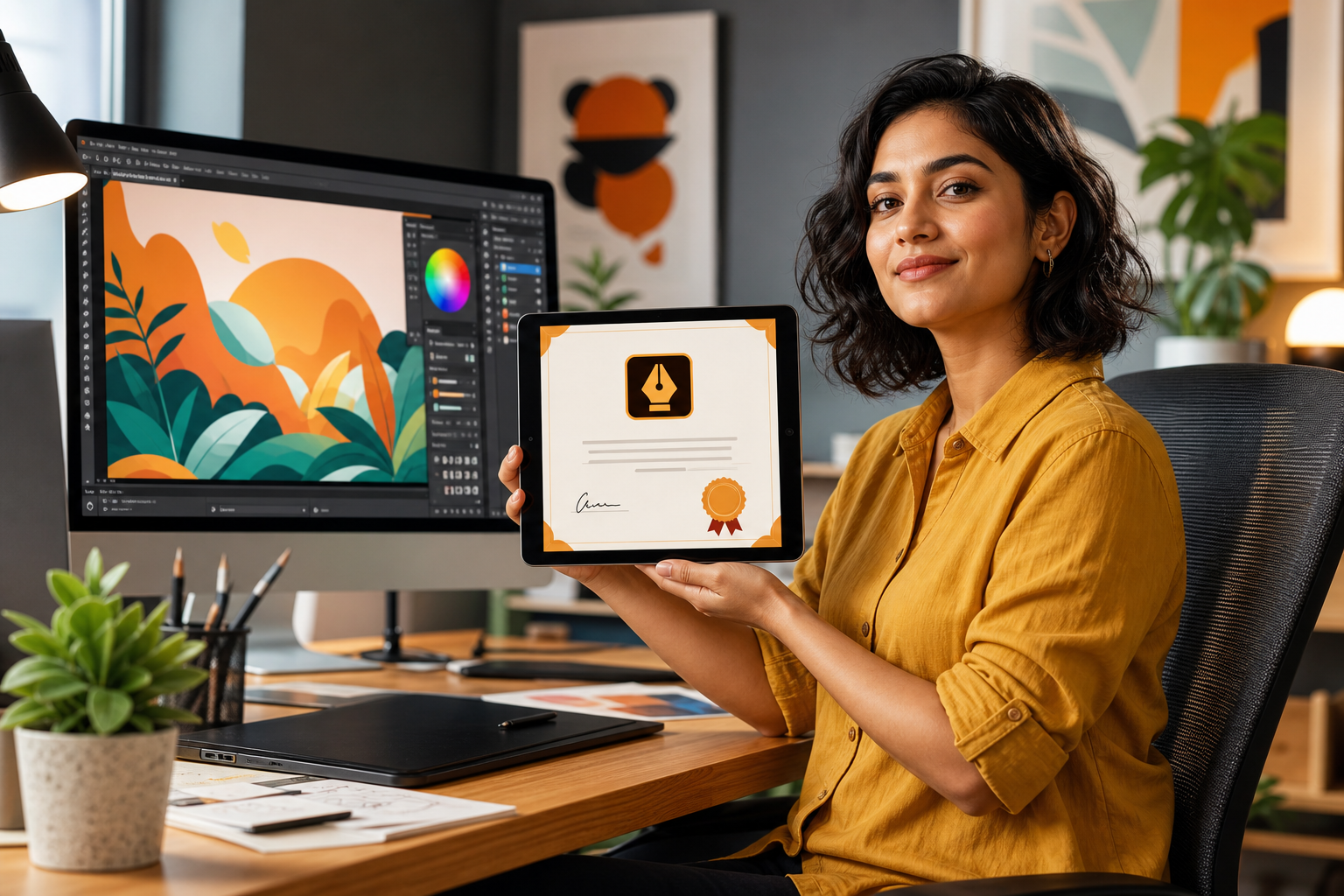 A professional freelance designer displaying an Adobe Certified Professional certificate on a digital tablet.