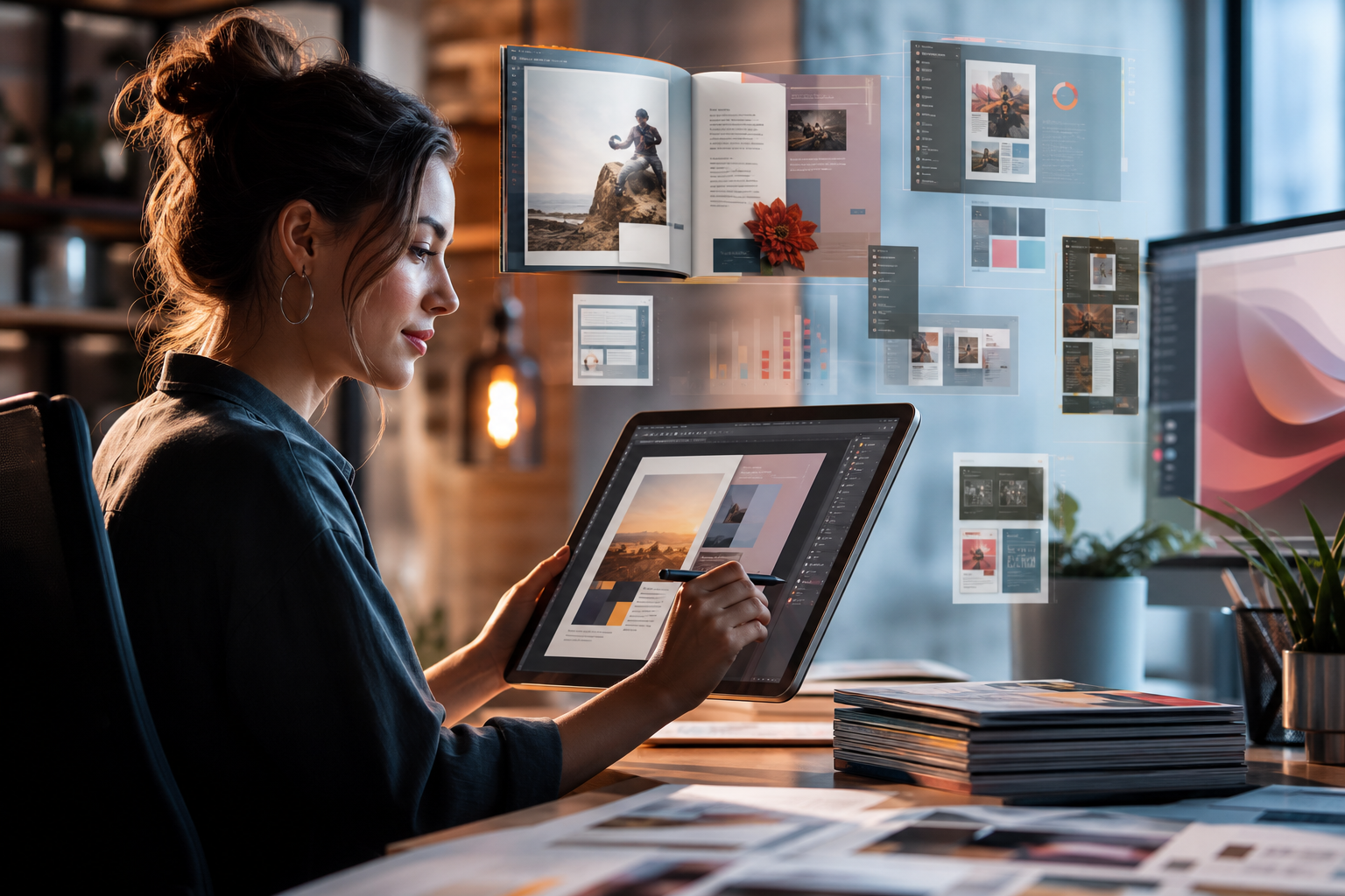 Professional designer confidently using Adobe InDesign on a tablet, surrounded by modern digital publishing tools, representing future career benefits of certification.