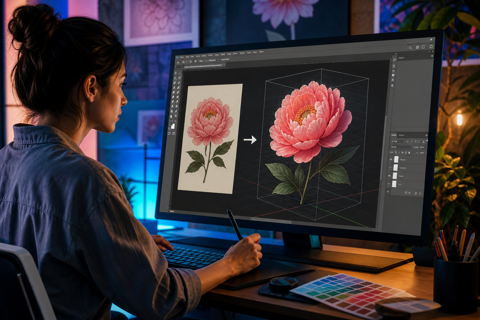 A designer using the Adobe Photoshop Rotate Object feature to turn a 2D flower into a 3D model on a canvas.