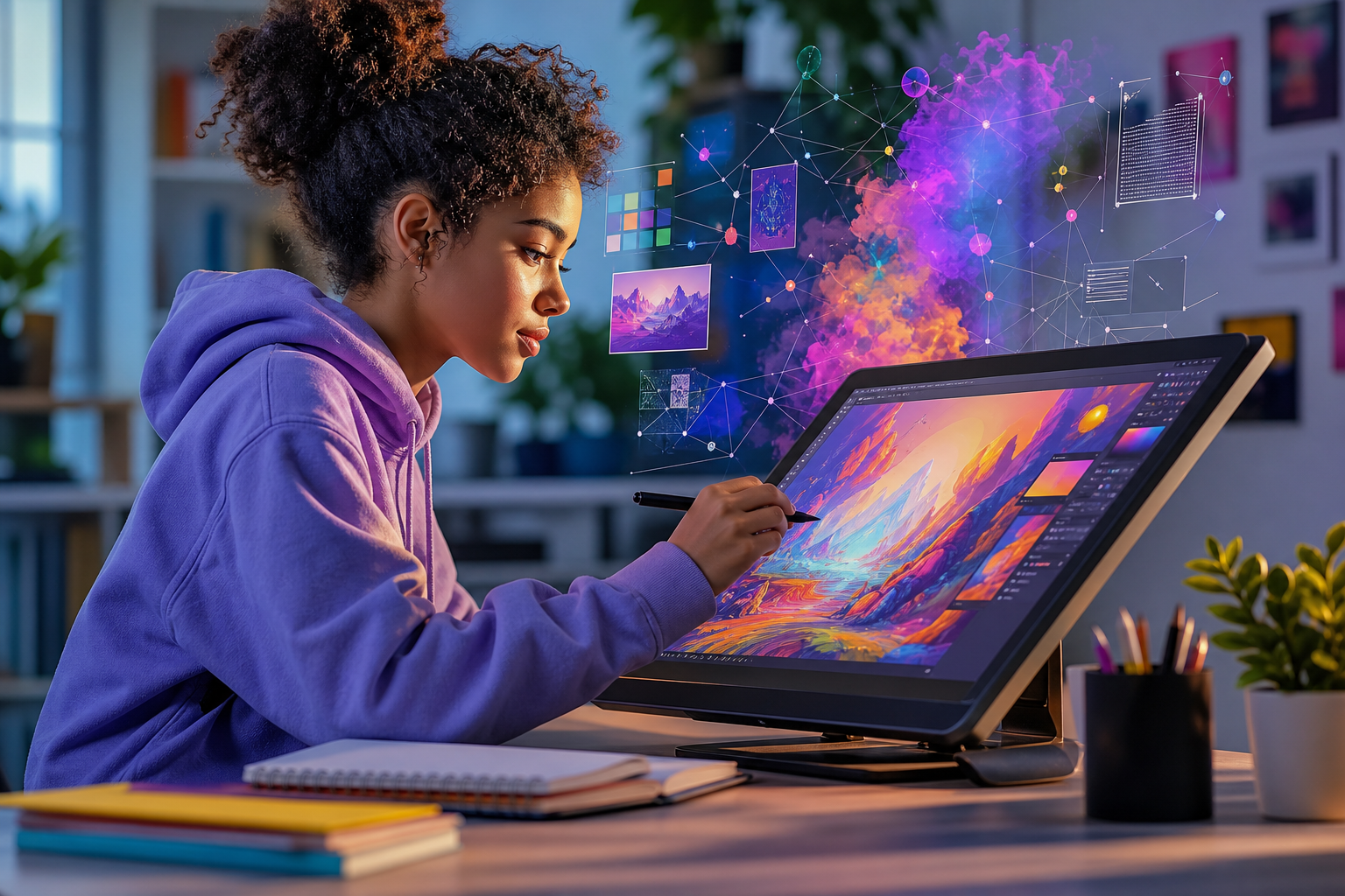 Student engaged with digital creative tools, representing the integration of creativity and AI in modern education.