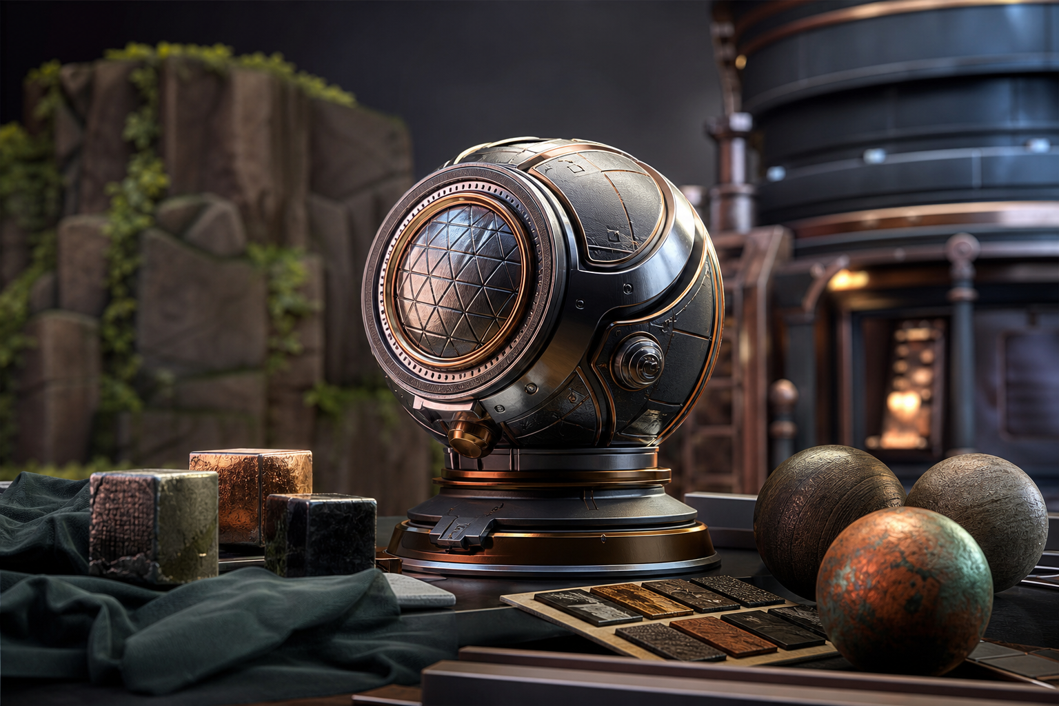 3D render showcasing intricate textures and models created with Adobe Substance 3D apps, highlighting a sleek metallic object against a detailed background, symbolizing creative potential.