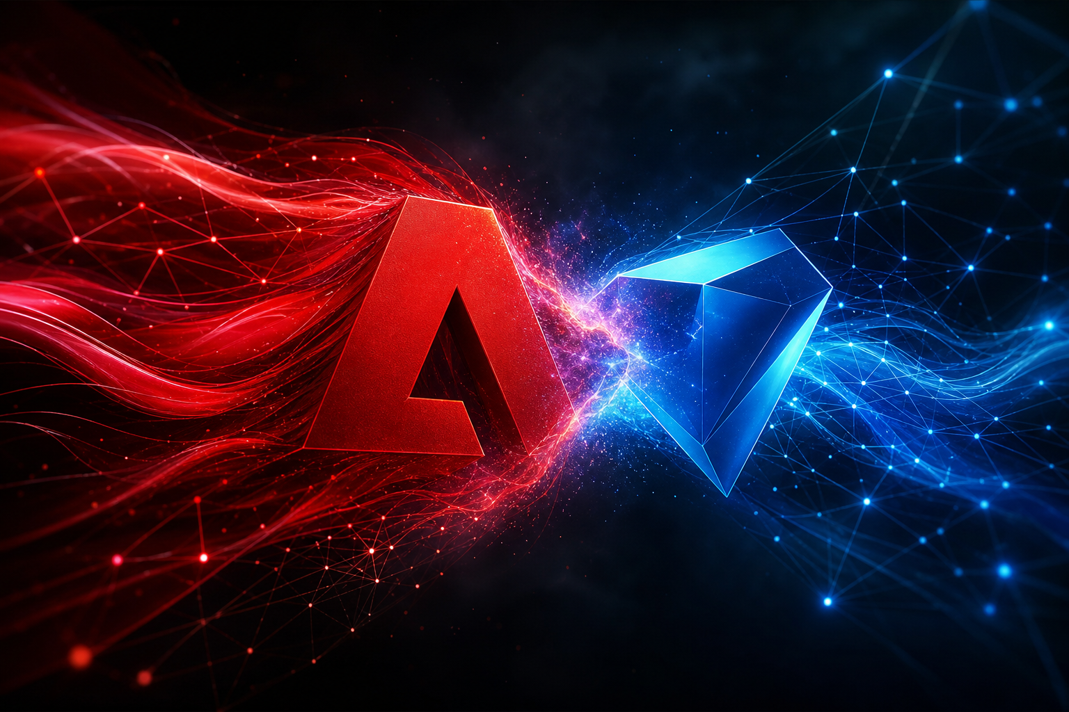 Abstract digital representation of Adobe and Topaz Labs logos merging with AI neural networks.