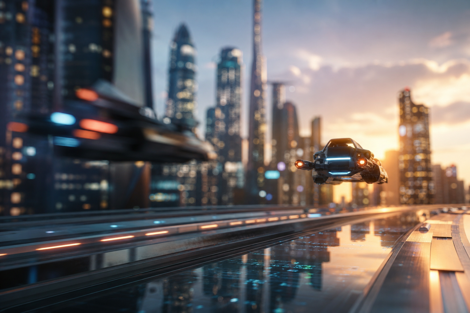 Cinematic 3D render in After Effects 2026 showing shallow depth of field effects on a futuristic city scene