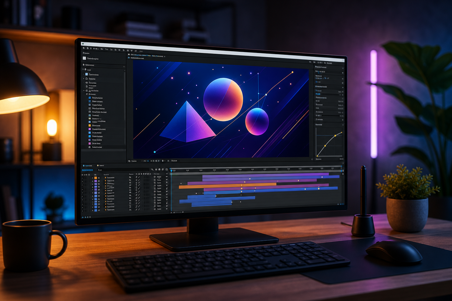 After Effects interface with a motion graphics project, showing layers, timeline, and preview panel, symbolizing creative animation.