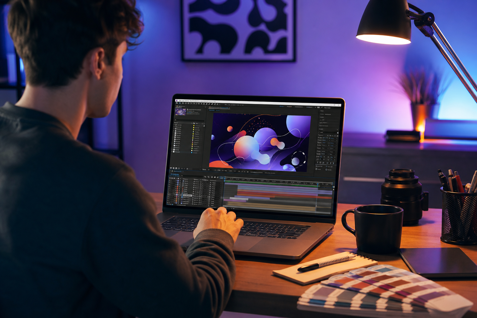 Person animating motion graphics in Adobe After Effects on a laptop, showing timelines, layers, and visual effects on screen.