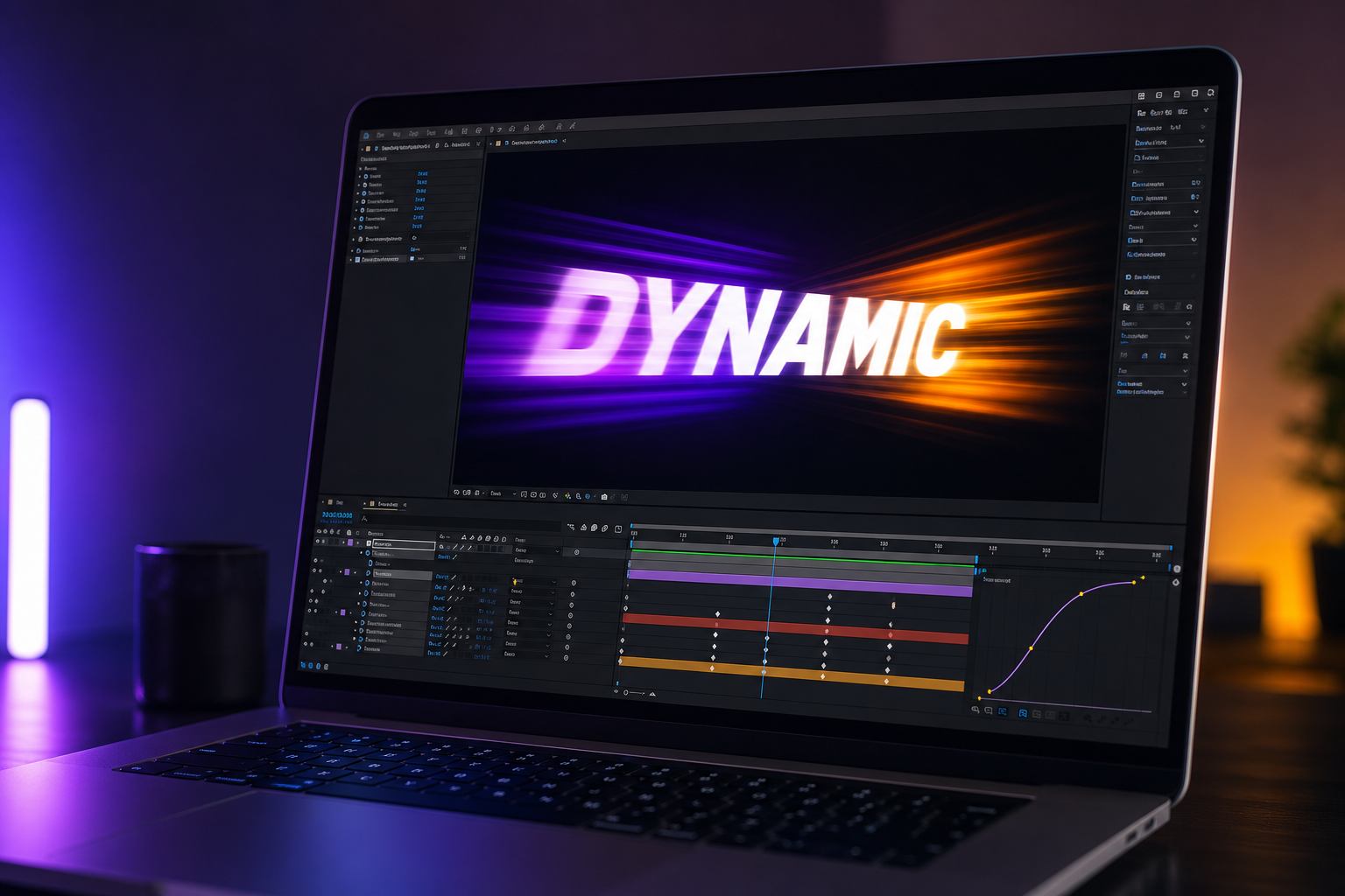 Close-up of a laptop screen displaying dynamic text animation in Adobe After Effects, showing motion blur and ease keyframes on a timeline.
