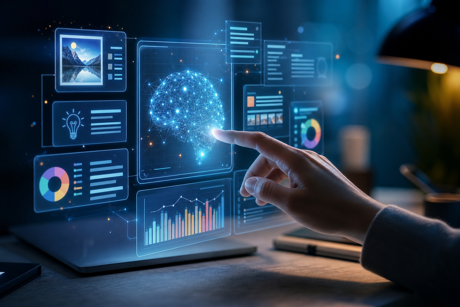 Futuristic digital interface showing AI-generated content ideas and research data, with a human hand interacting with a holographic screen, symbolizing AI for content planning.