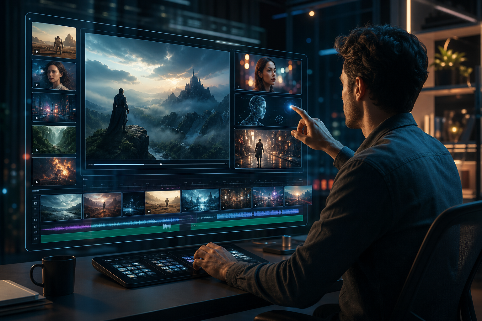 futuristic digital interface showing AI-generated video clips, with a creative professional interacting with the screen