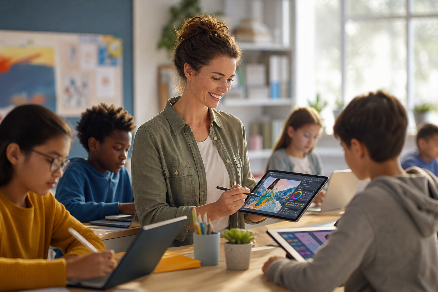 Teacher smiling and using a tablet with creative software, surrounded by students engaged in digital learning activities, illustrating technology integration to reduce teacher burnout.