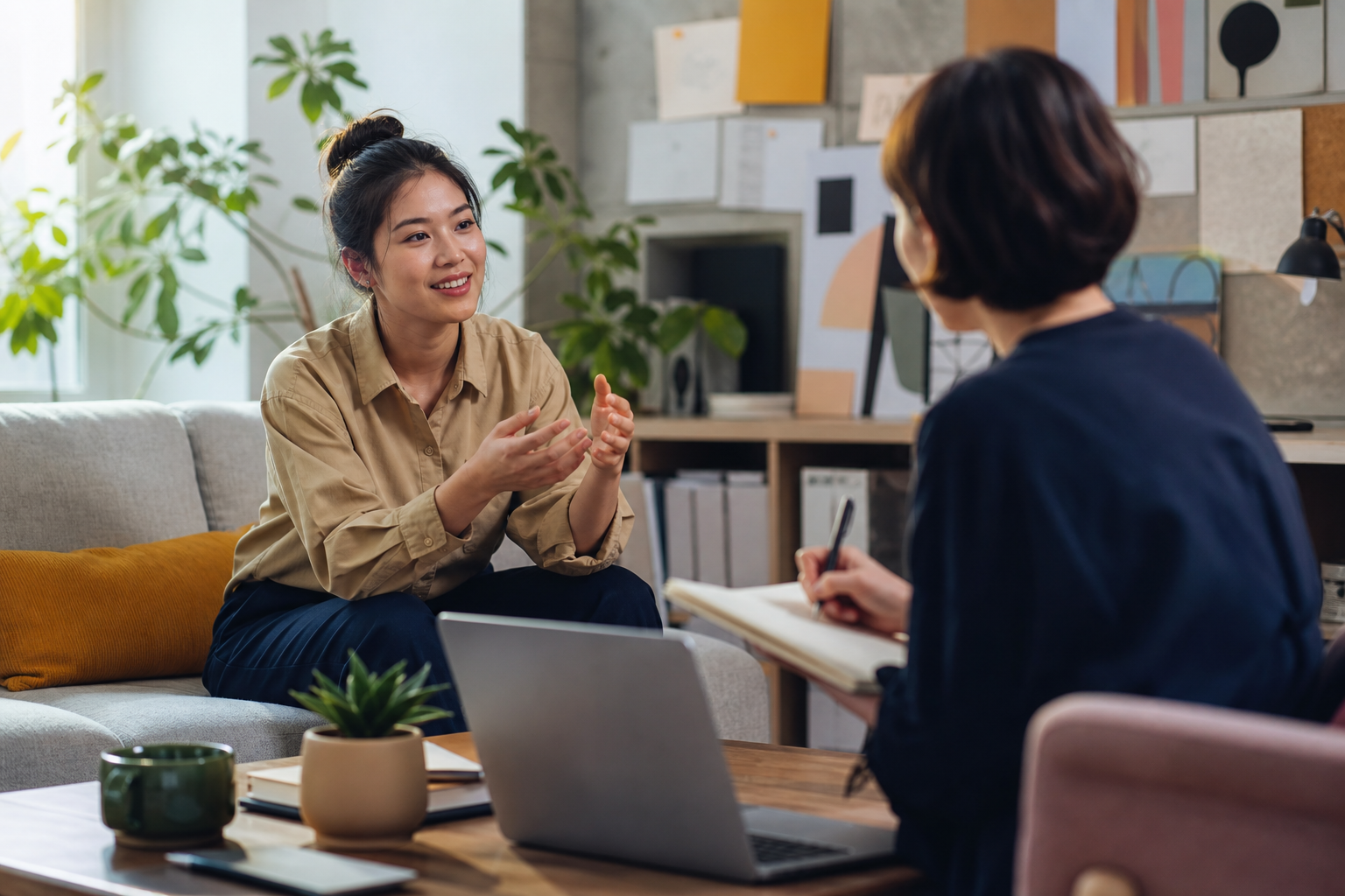 Person conducting an interview or observing a user, possibly with a laptop or notepad, representing budget-friendly user research