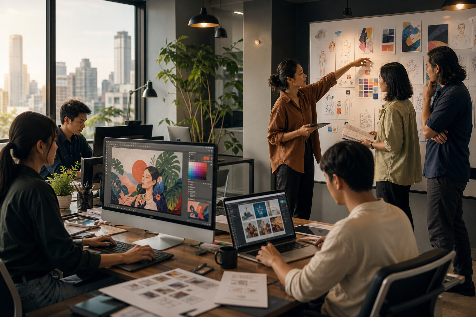Filipino creative professionals collaborating in a modern office space, showcasing design work on screens and sketches on a whiteboard.