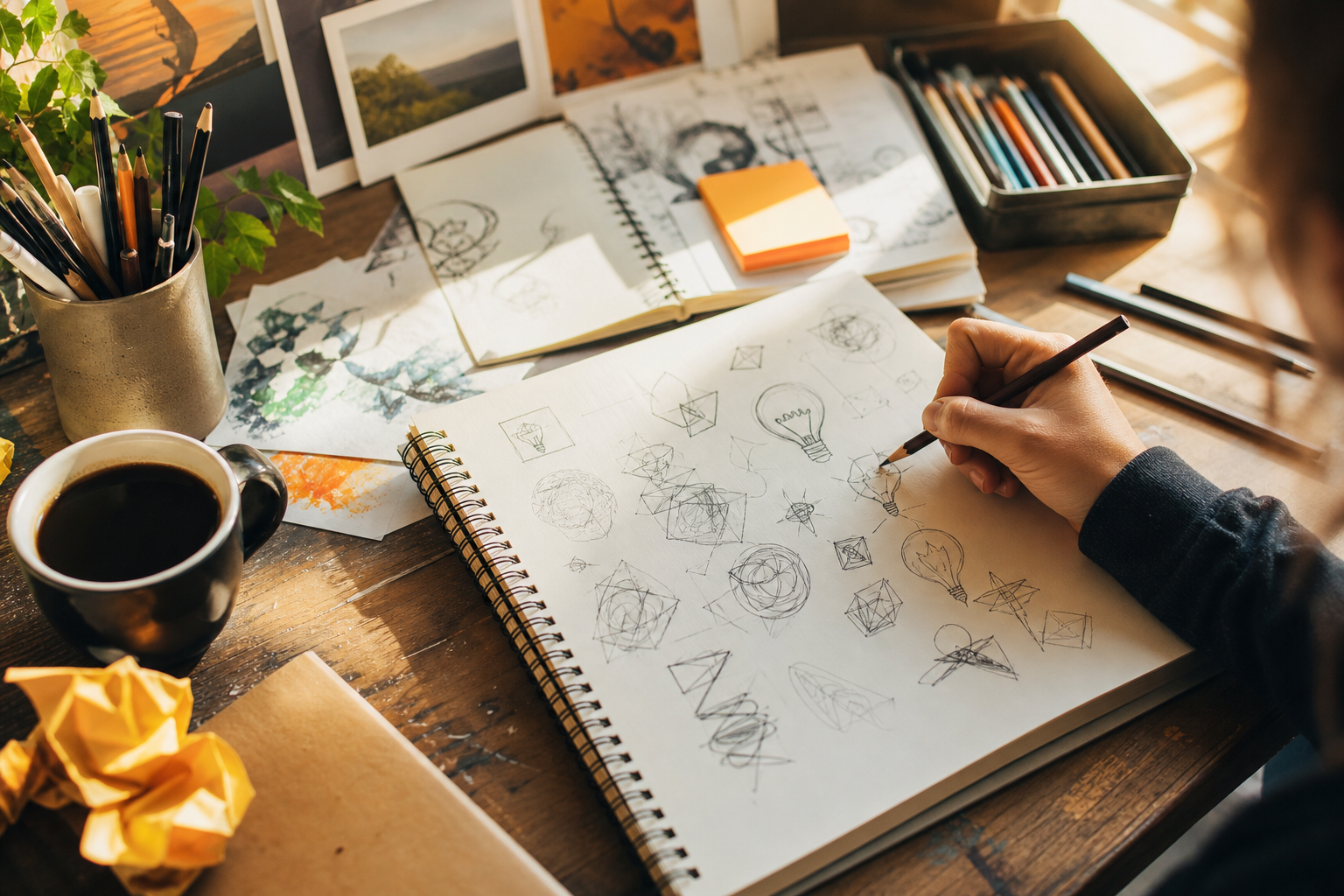 Artist hand sketching ideas on a blank notebook with pencils and coffee, illustrating creative warm-ups and overcoming blank canvas problem