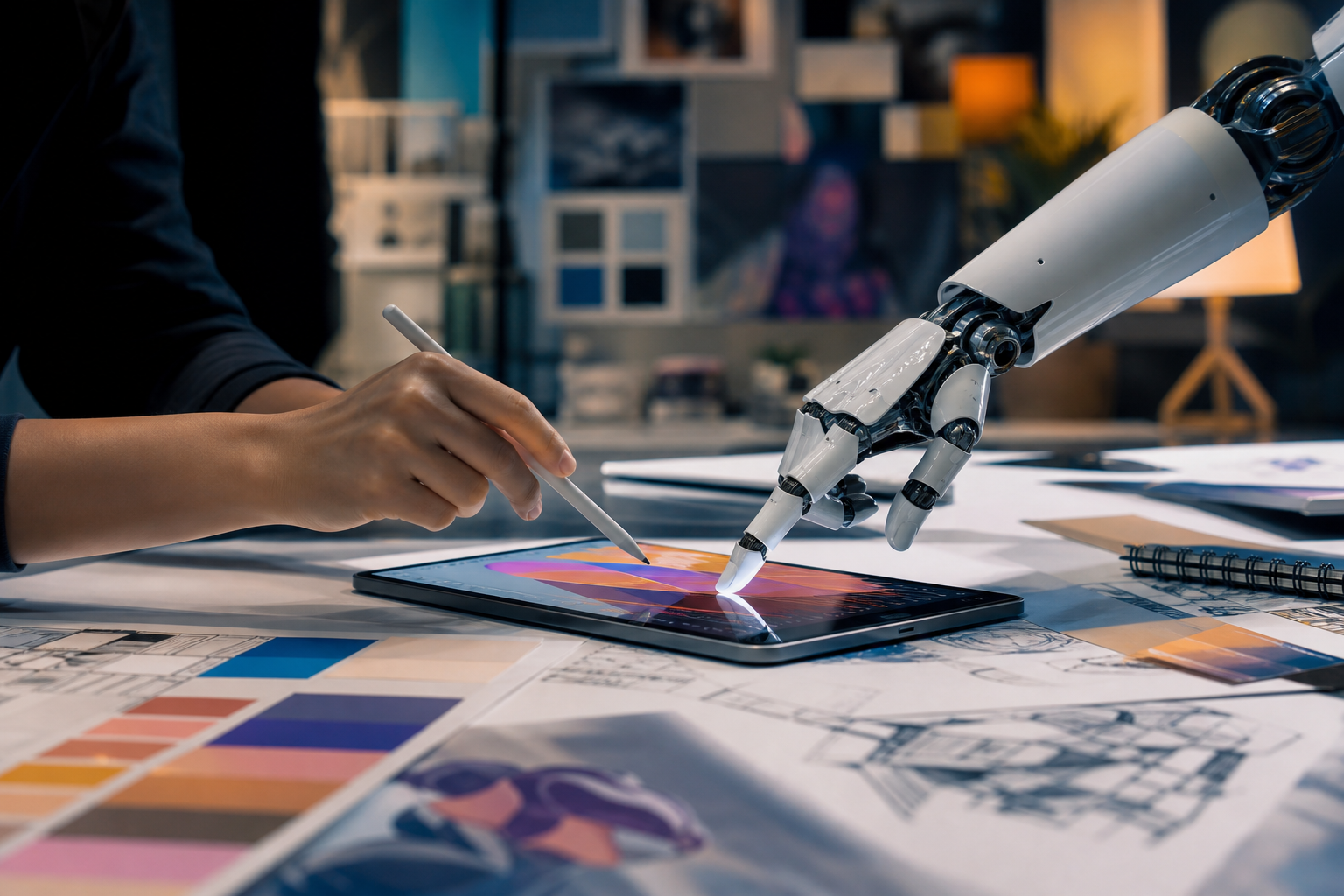 Human hand and robotic hand collaborating on a digital tablet, symbolizing ethical AI integration in design and education with generative AI tools like Adobe Firefly.