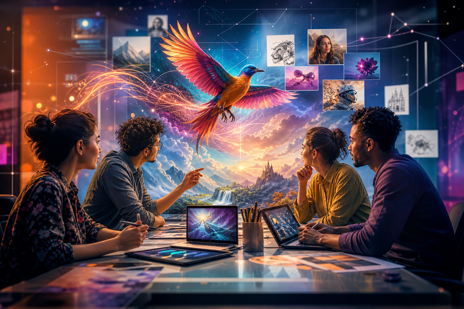 A vibrant digital artwork created using a combination of generative AI tools from Adobe Firefly and its partner models, showcasing dynamic collaboration and innovation.