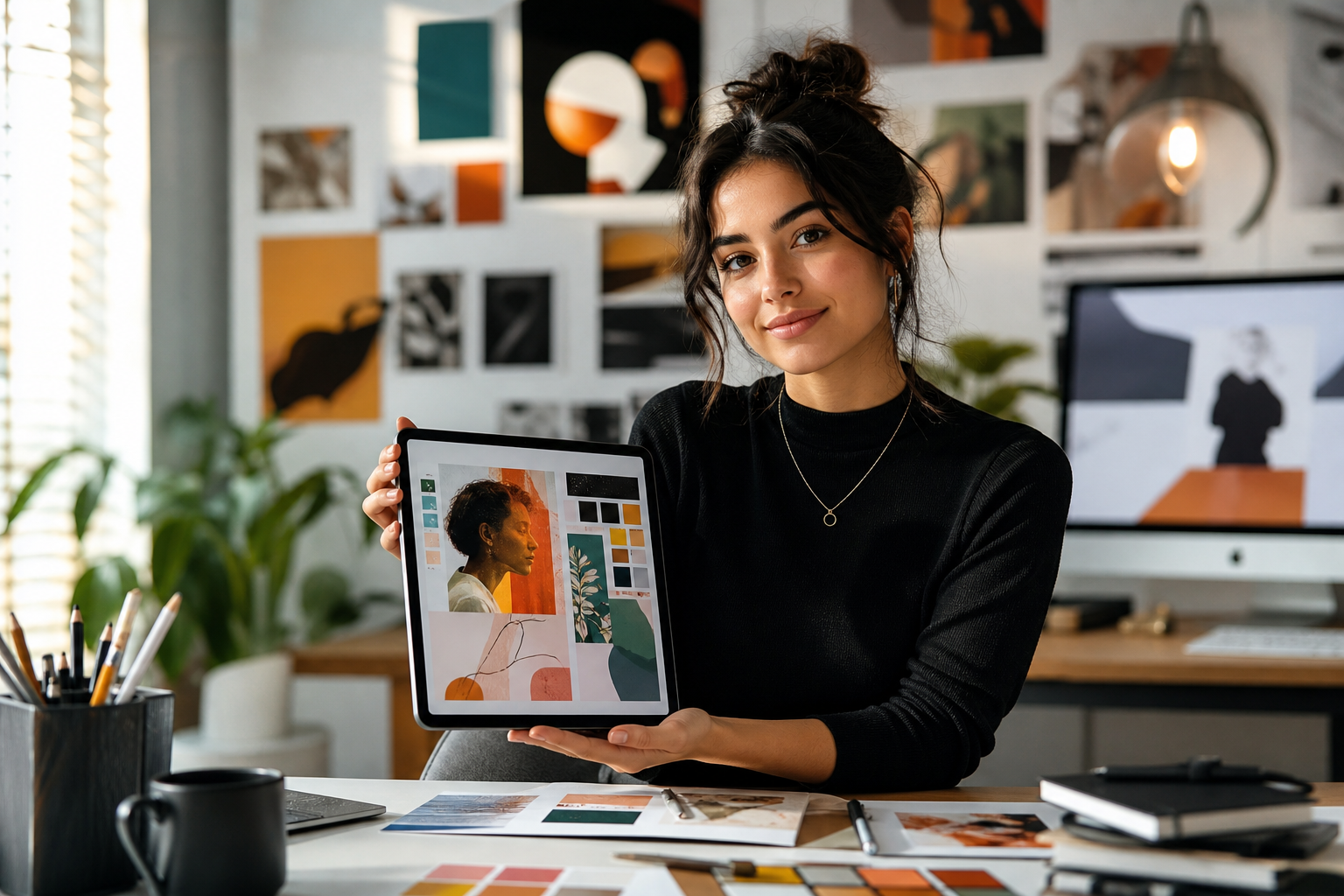 Young design student confidently presenting a digital portfolio on a tablet, surrounded by creative tools and showcasing a strong personal brand.