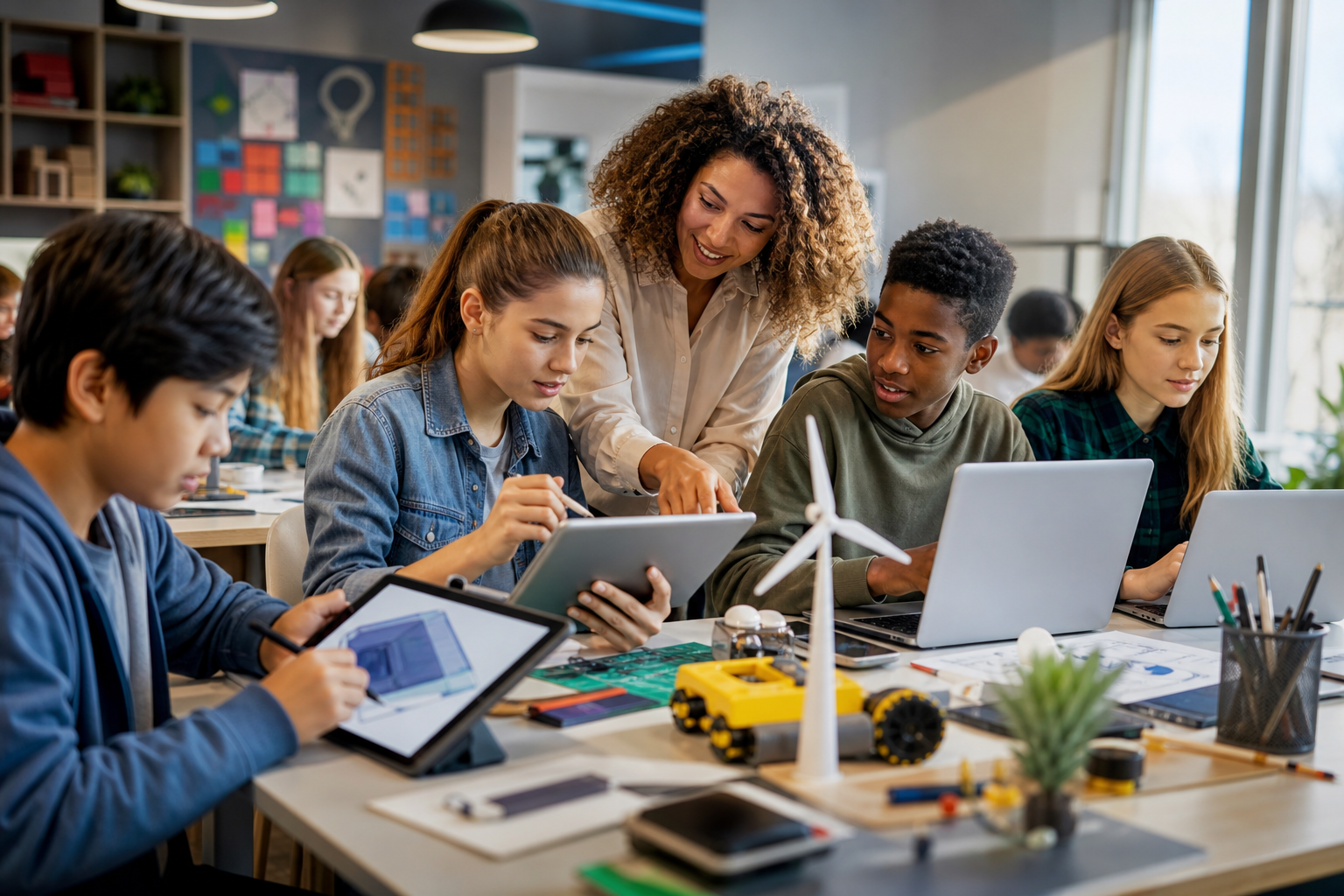 Diverse group of K-12 students collaboratively working on digital design projects on tablets and computers, guided by an educator.