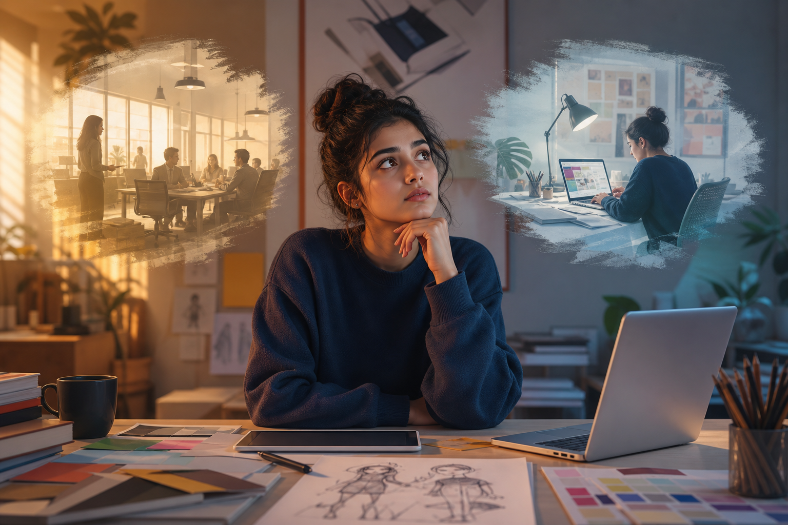 A design student at a crossroads, pondering between an internship offer and a laptop representing freelance work, symbolizing career path decisions.
