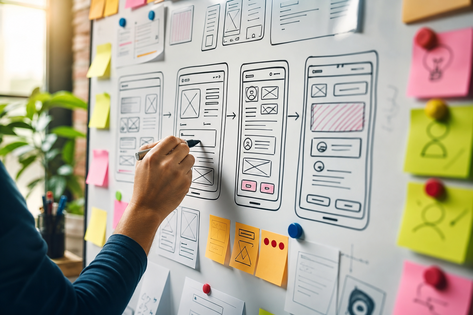 A designer's hand sketching multiple iterations of a user interface on a whiteboard, surrounded by sticky notes with feedback, illustrating the agile design process.