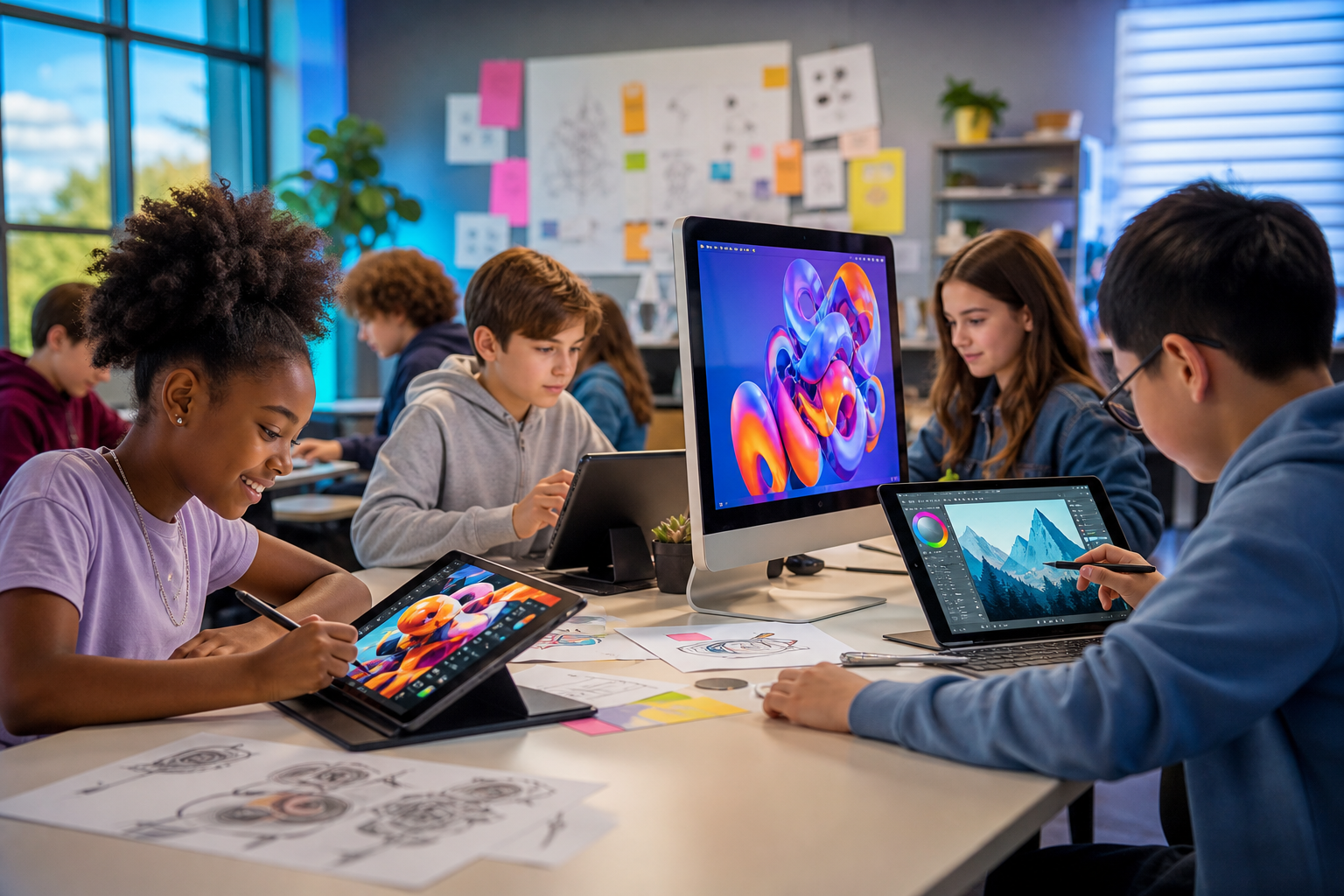 Diverse K-12 students collaboratively using digital design tools on tablets and computers, showing engagement and creativity in a modern classroom setting.