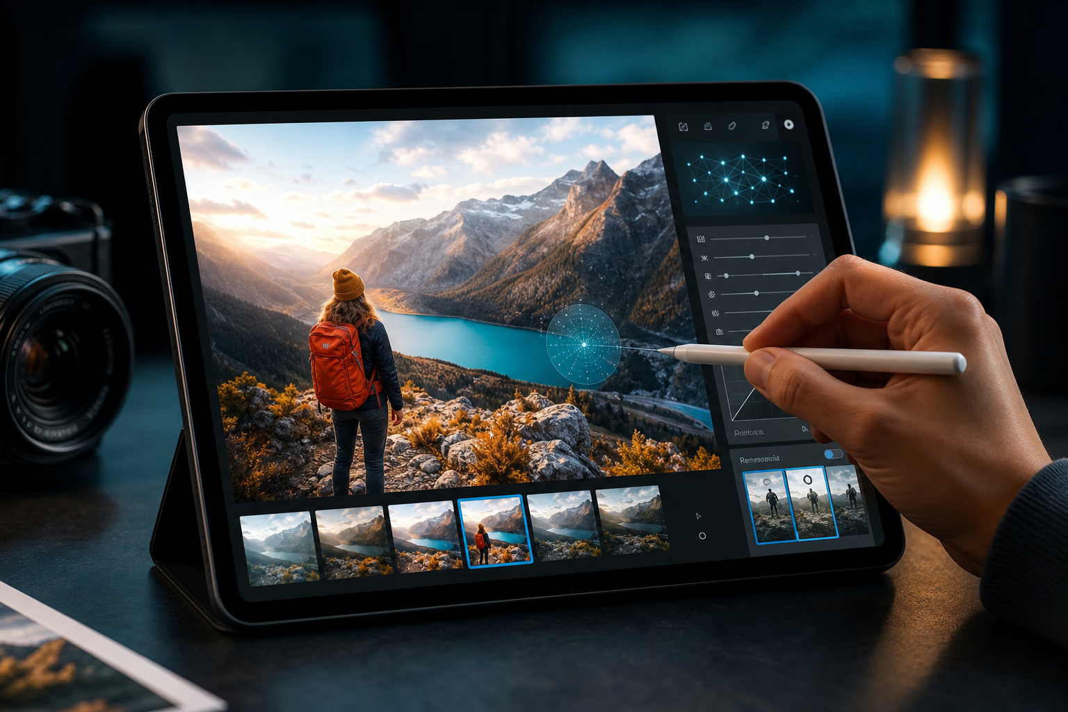 Close-up of a hand editing a photo on a tablet, showcasing Adobe Lightroom's interface with AI features like Adaptive Profiles and Distraction Removal highlighted.