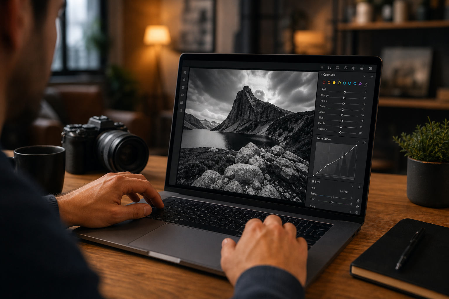 Photographer adjusting black and white photo settings in Adobe Lightroom Classic on a laptop, showing control panels for color mix and tone curves.