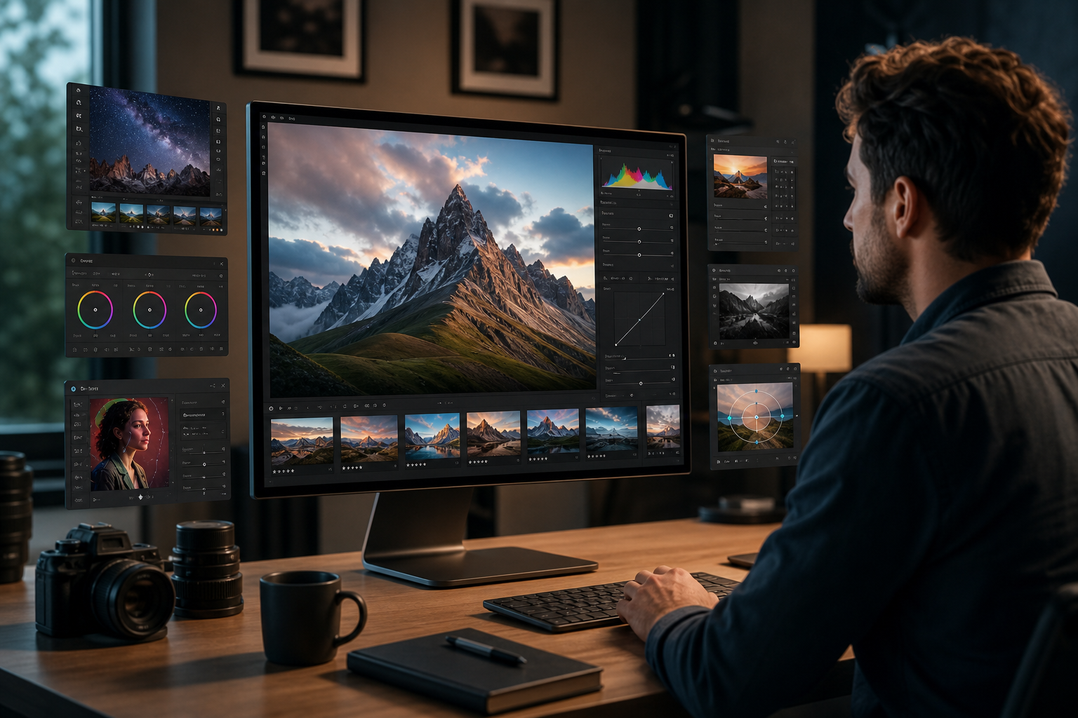 Photographer editing images on a desktop computer with Adobe Lightroom, showcasing new features of the 9.3 update.