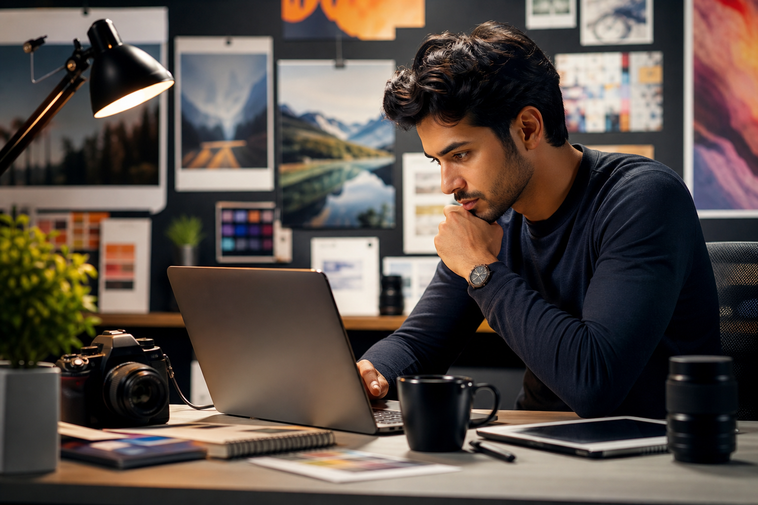 A person studying for the Adobe Photoshop ACP exam on a laptop, surrounded by creative tools and a cup of coffee, symbolizing dedication and preparation for a creative career.