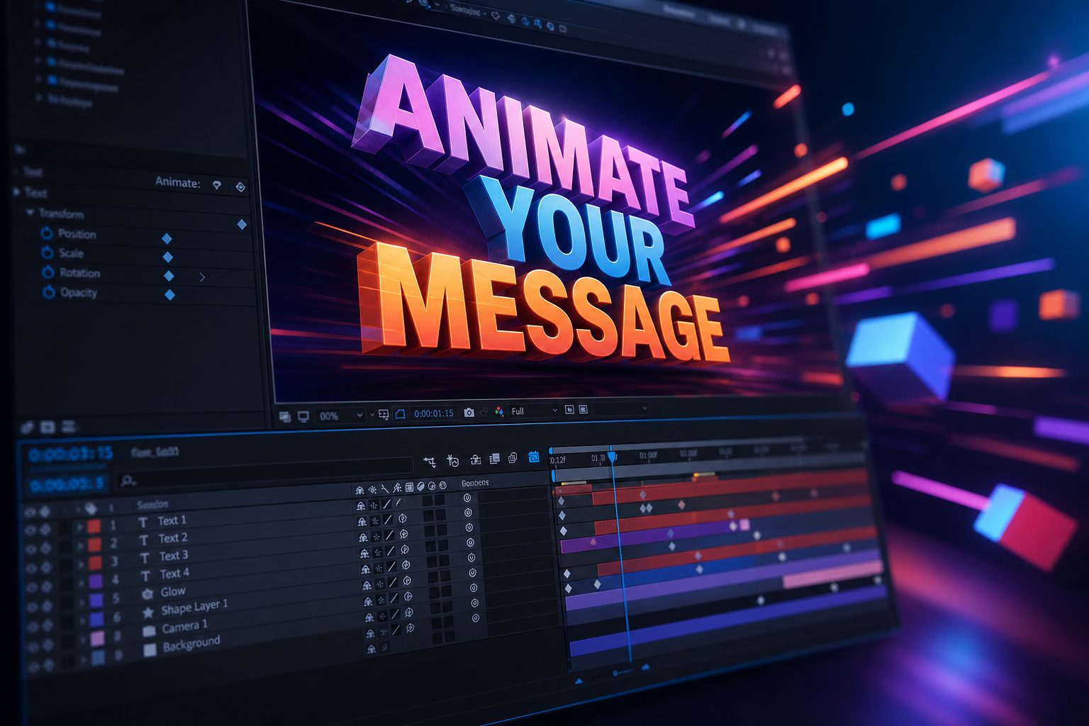 After Effects interface showing text layers and animation keyframes with colorful, dynamic text