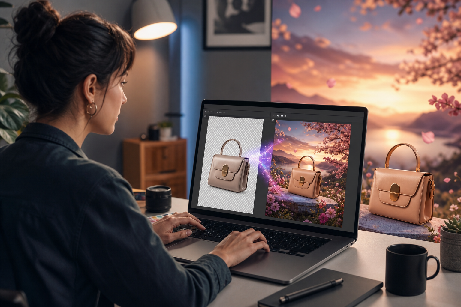 A graphic designer working on a laptop, using Adobe Firefly to replace the background of a product image with a vibrant, AI-generated scene, showcasing seamless integration and creative possibilities.