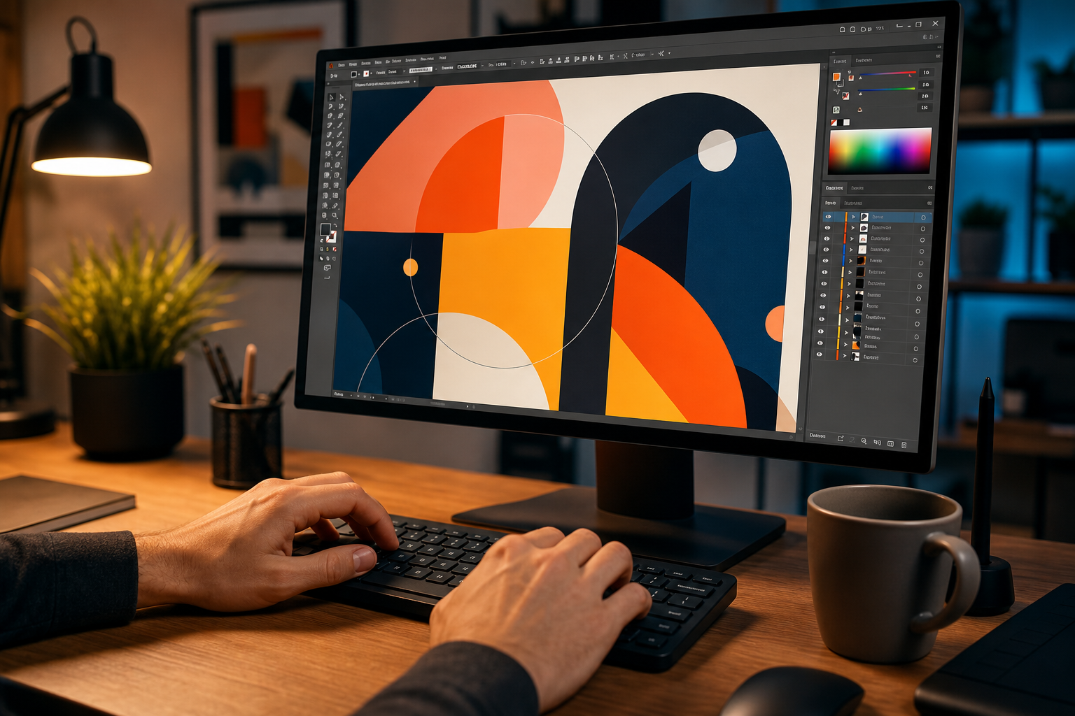 Close-up of hands on a keyboard with Adobe Illustrator interface visible on a monitor, symbolizing efficiency and graphic design productivity.