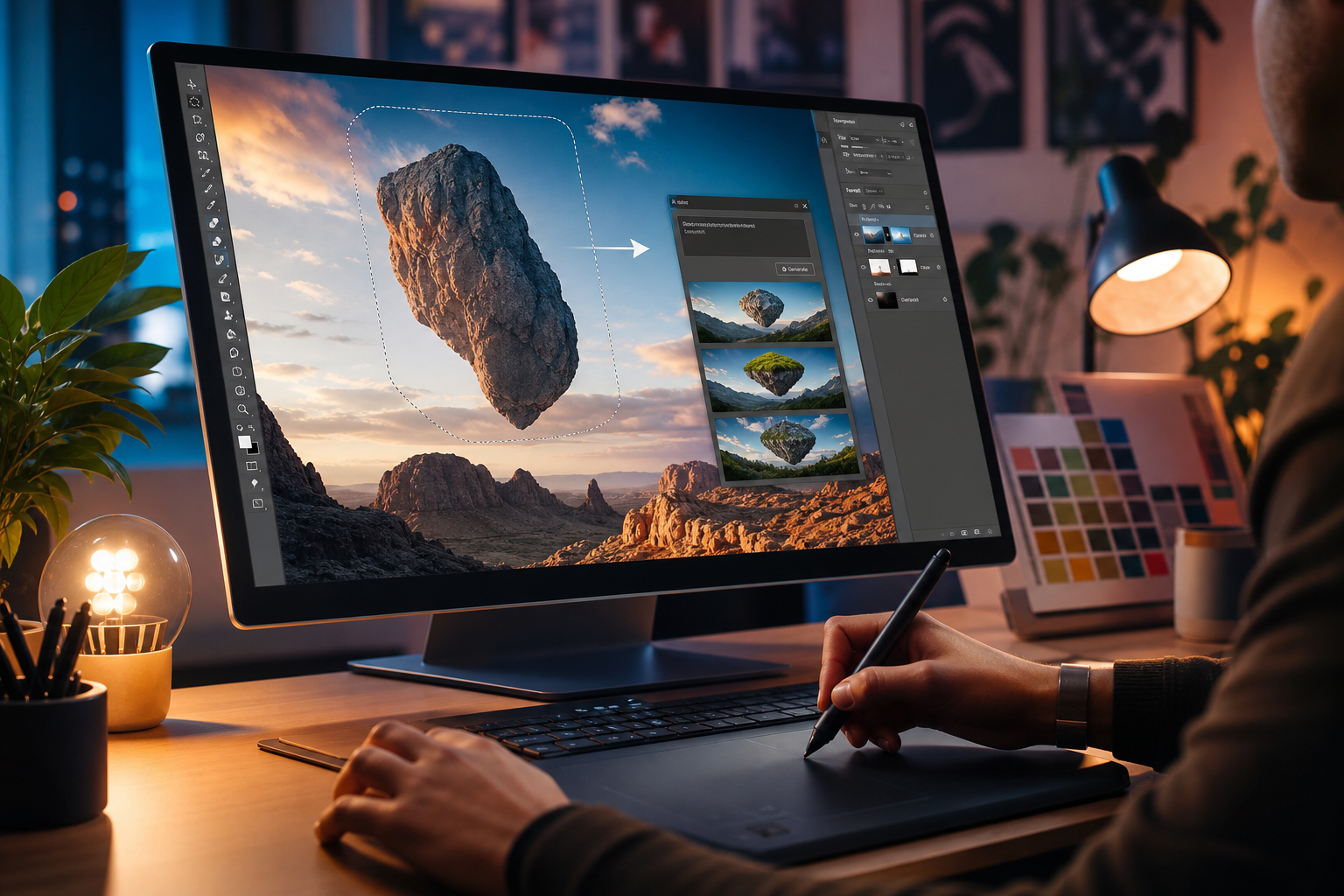 A designer's hands using a pen tablet to edit an image in Adobe Photoshop 2026, showcasing new AI-powered generative fill features on screen.
