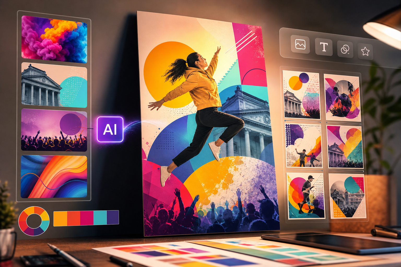 A creative and vibrant poster design mock-up featuring various design elements generated by Adobe Express AI, showcasing a learning institution's event.